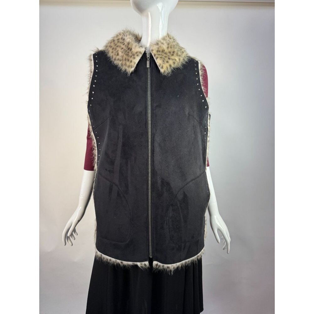 Dennis Basso Faux Fur Trimmed Studded Suede Vest Luxe Winter Layering Piece